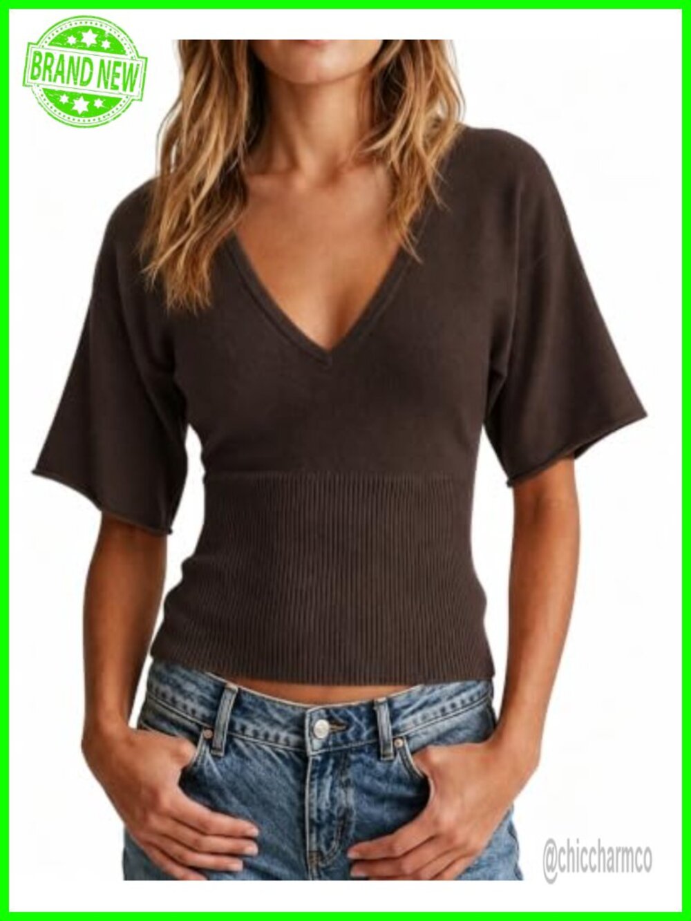 Women's Short Sleeve V Neck Ribbed Waist Knit Sweater Pullover Top